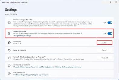 Windows Subsystem for Android 设置页显示 Developer mode 和 IP address
