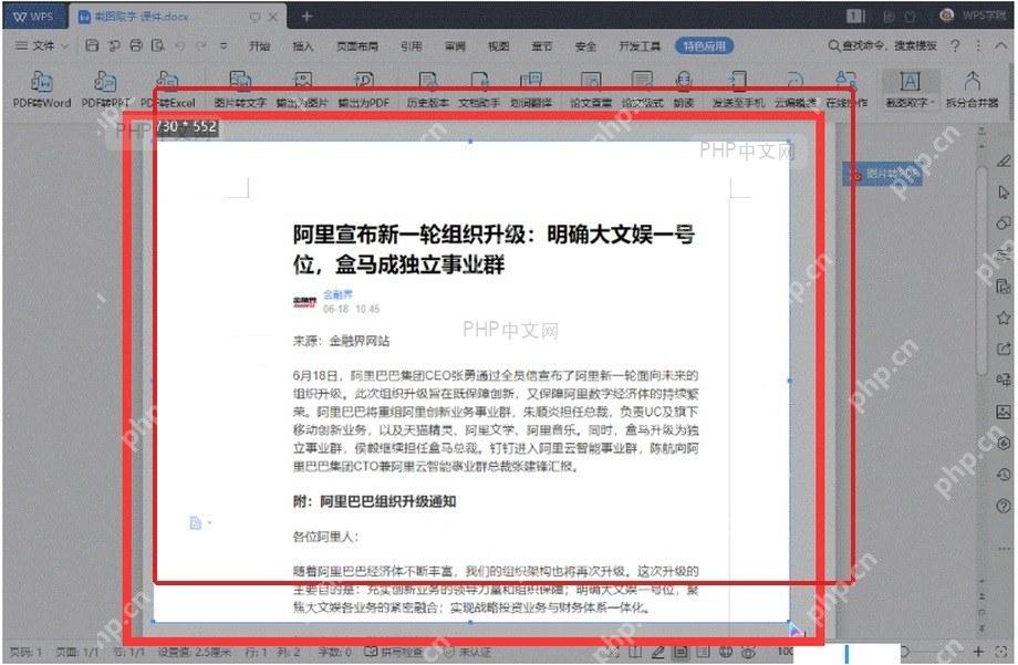 WPS截图取字界面中框选需要识别的文字区域