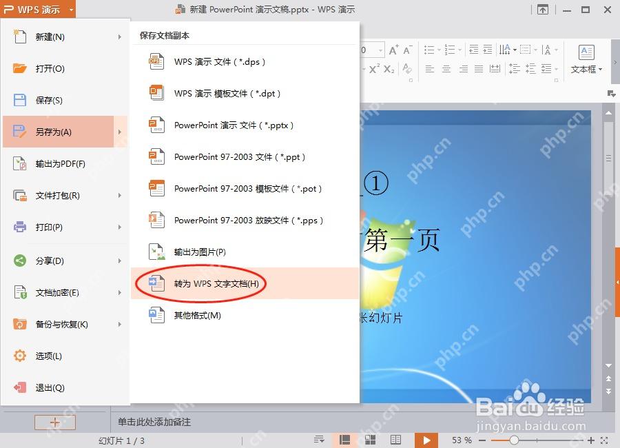WPS演示另存为列表中选择转为WPS文字文档