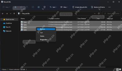 回收站文件列表和 Restore 菜单,用于还原被删除的 Word 文档