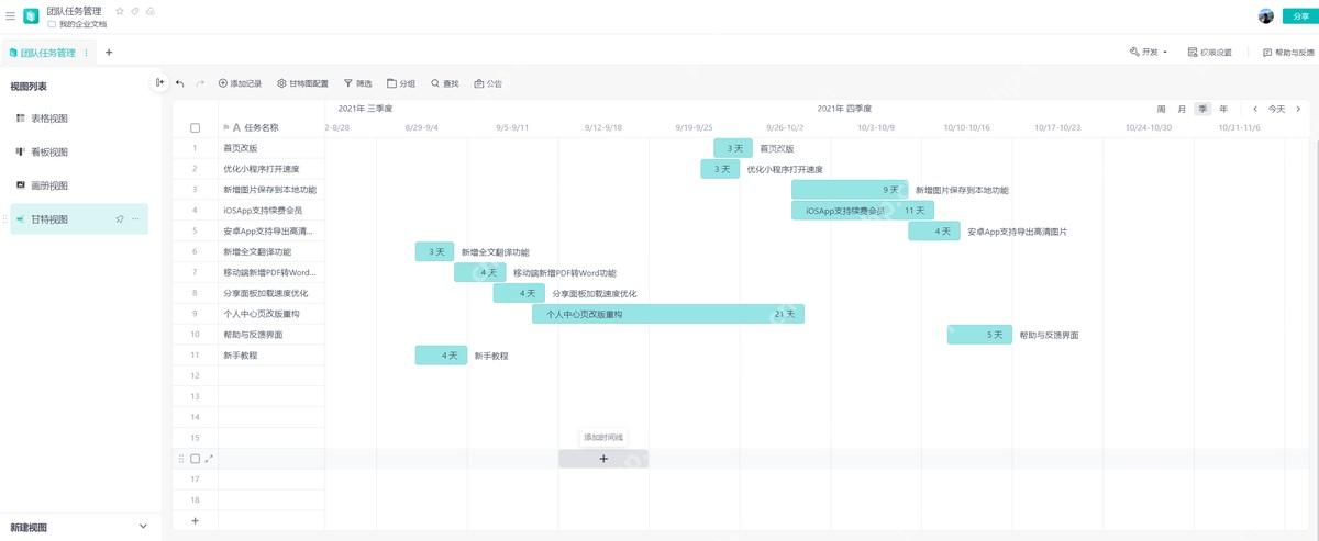 WPS轻维表甘特视图查看项目任务时间线