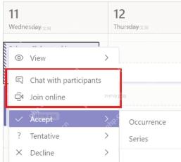Microsoft Teams 会议卡片菜单，红框标出聊天和加入会议入口