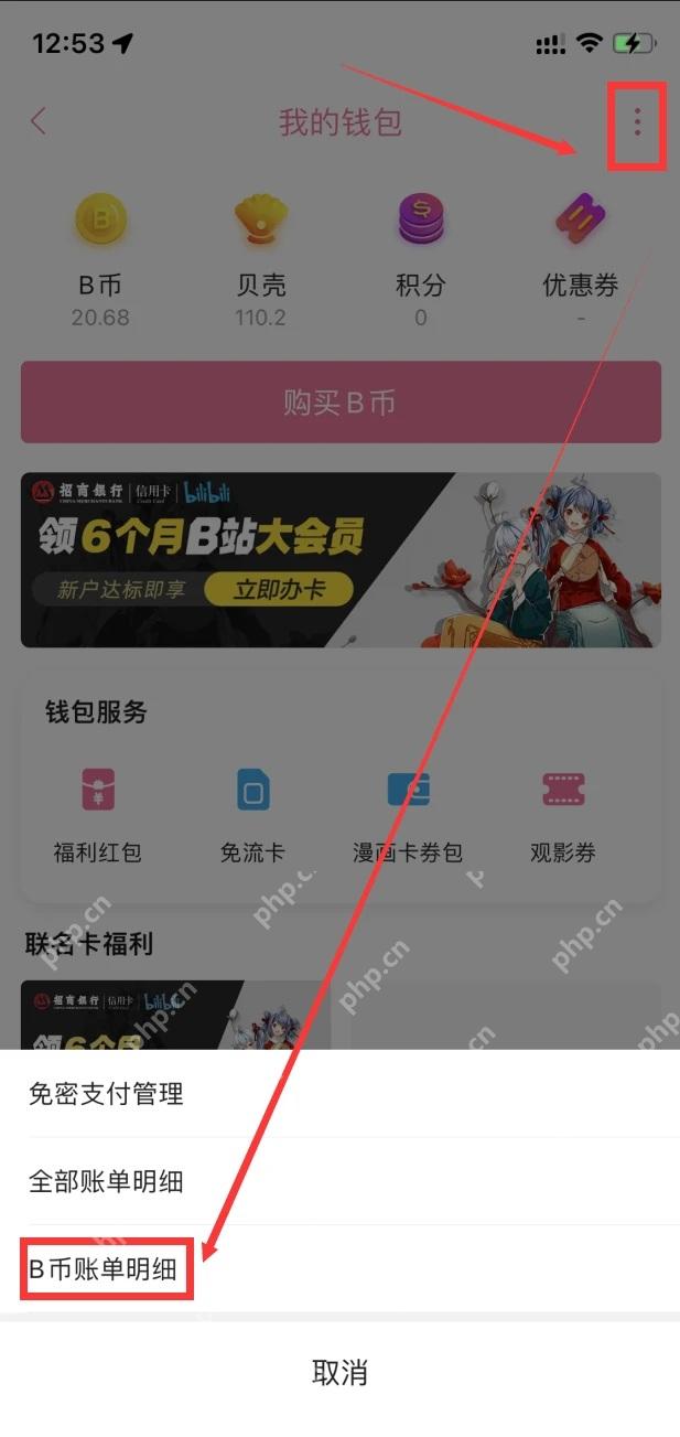 B站钱包更多菜单里的B币账单明细
