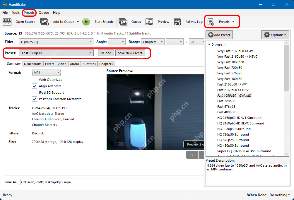 HandBrake Windows英文预设列表及摘要参数的操作截图