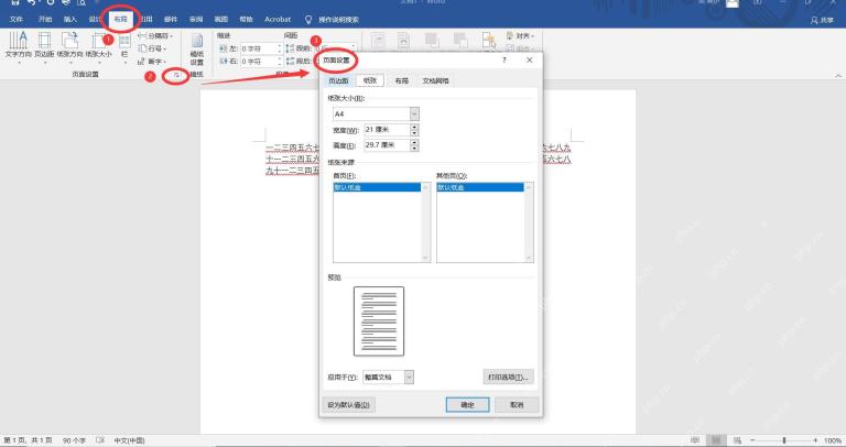 Word 页面设置窗口纸张页签中纸张大小宽度高度选项