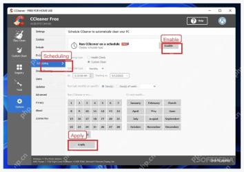 CCleaner Free Windows 电脑端 Options Scheduling 页面里的 Enable 和 Apply 位置