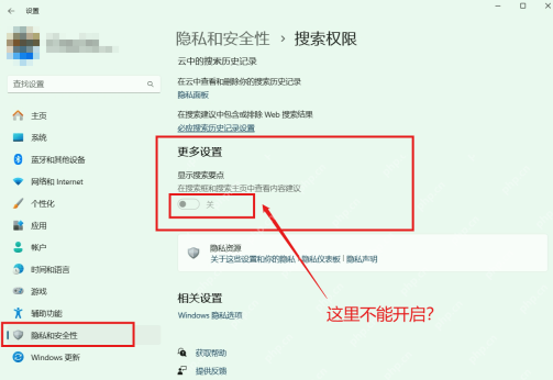 Win11 隐私和安全性中的搜索权限页面