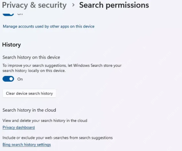 Win11怎么清除Windows搜索历史:打开 Search permissions