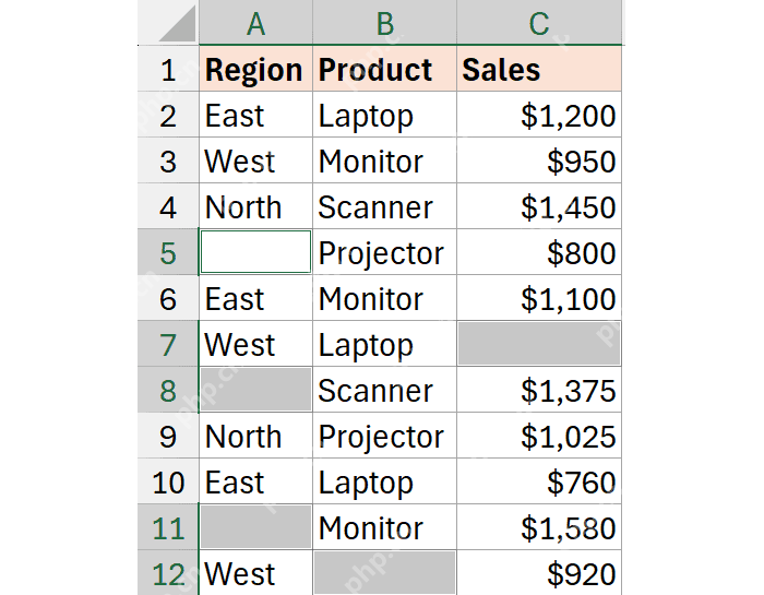 Excel 使用定位条件后选中表格中的空白单元格结果