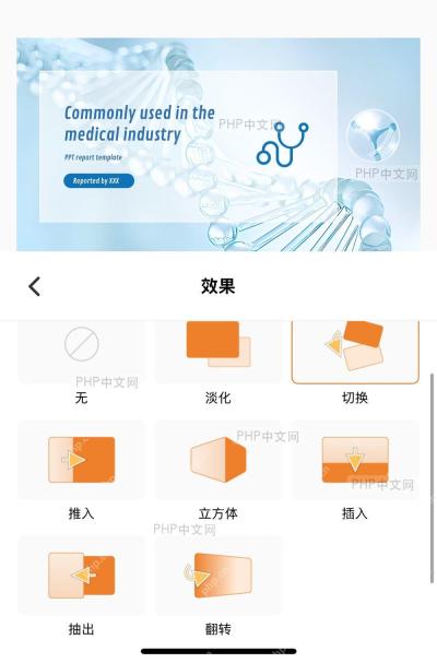 PowerPoint'切换'选项卡界面,效果库面板展开,显示多种切换效果选项,已选中某个效果