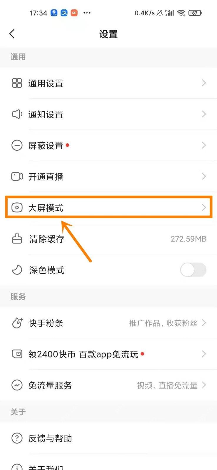 快手极速版设置页进入大屏模式