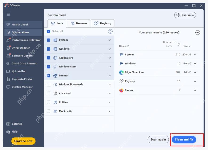 CCleaner Windows 电脑端清理结果页面右下角的 Clean and fix 按钮