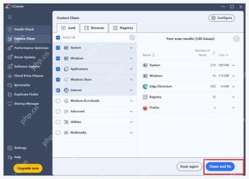 CCleaner Windows 电脑端清理结果页面右下角的 Clean and fix 按钮