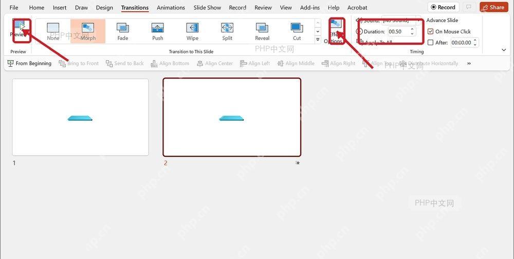 PowerPoint 平滑切换界面中的 Preview 和 Effect Options 区域,用于预览并调整智能动画