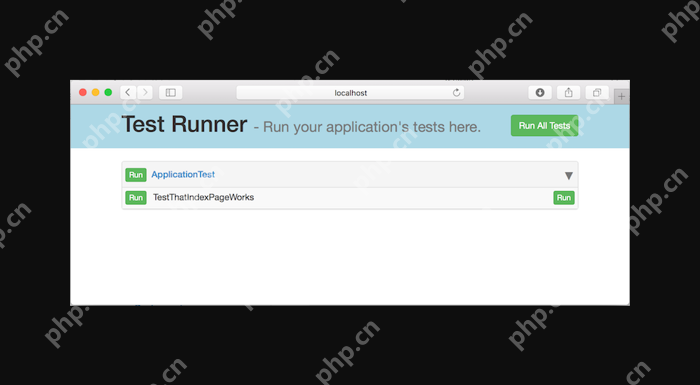 Revel 官方测试运行器示例界面显示 Run All Tests、ApplicationTest 和 TestThatIndexPageWorks,证明可逐项或整组运行测试