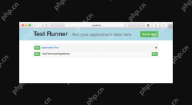 Revel 官方测试运行器示例界面显示 Run All Tests、ApplicationTest 和 TestThatIndexPageWorks,证明可逐项或整组运行测试