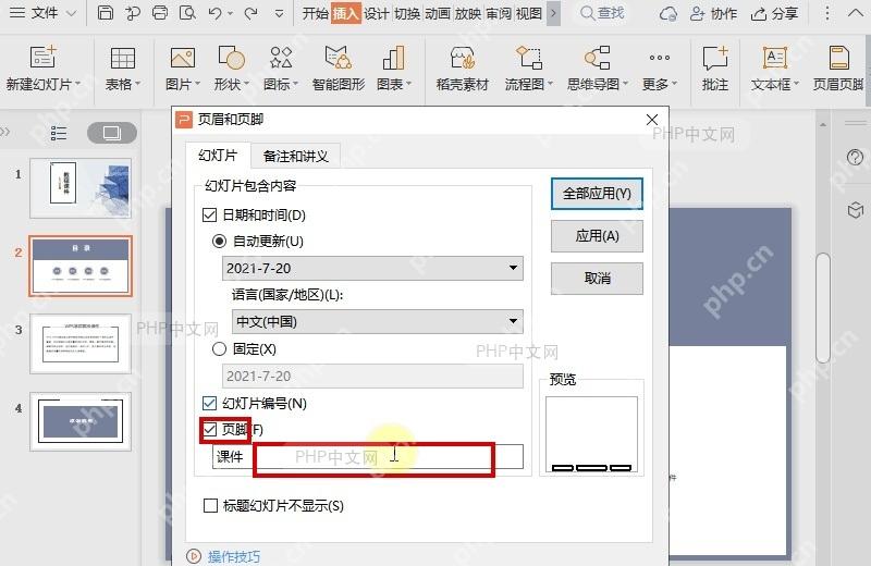 页眉和页脚窗口中勾选页脚并输入文字