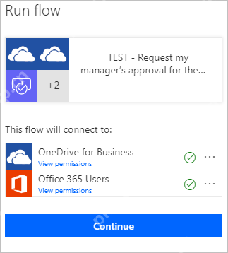 Power Automate 运行流窗口中检查 OneDrive 连接并继续测试