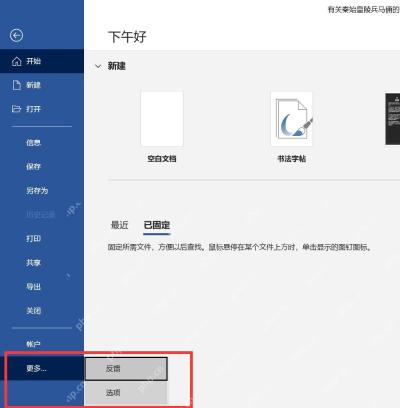 Word 文件后台菜单中更多和选项入口用于打开 Word 选项