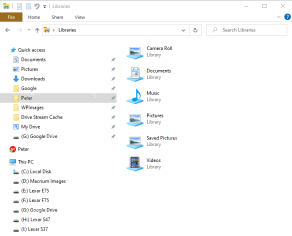 Win10 文件资源管理器打开 Libraries 视图并显示默认库