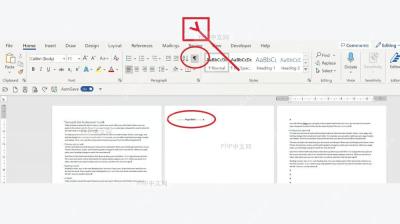 Word 开始选项卡中显示隐藏编辑标记按钮被标出，文档页面显示分页符