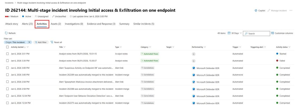 Microsoft Defender XDR 事件活动记录列表