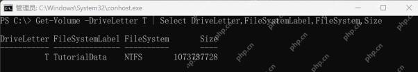 PowerShell 显示演示卷 T 的旧卷标 TutorialData 与 NTFS 文件系统