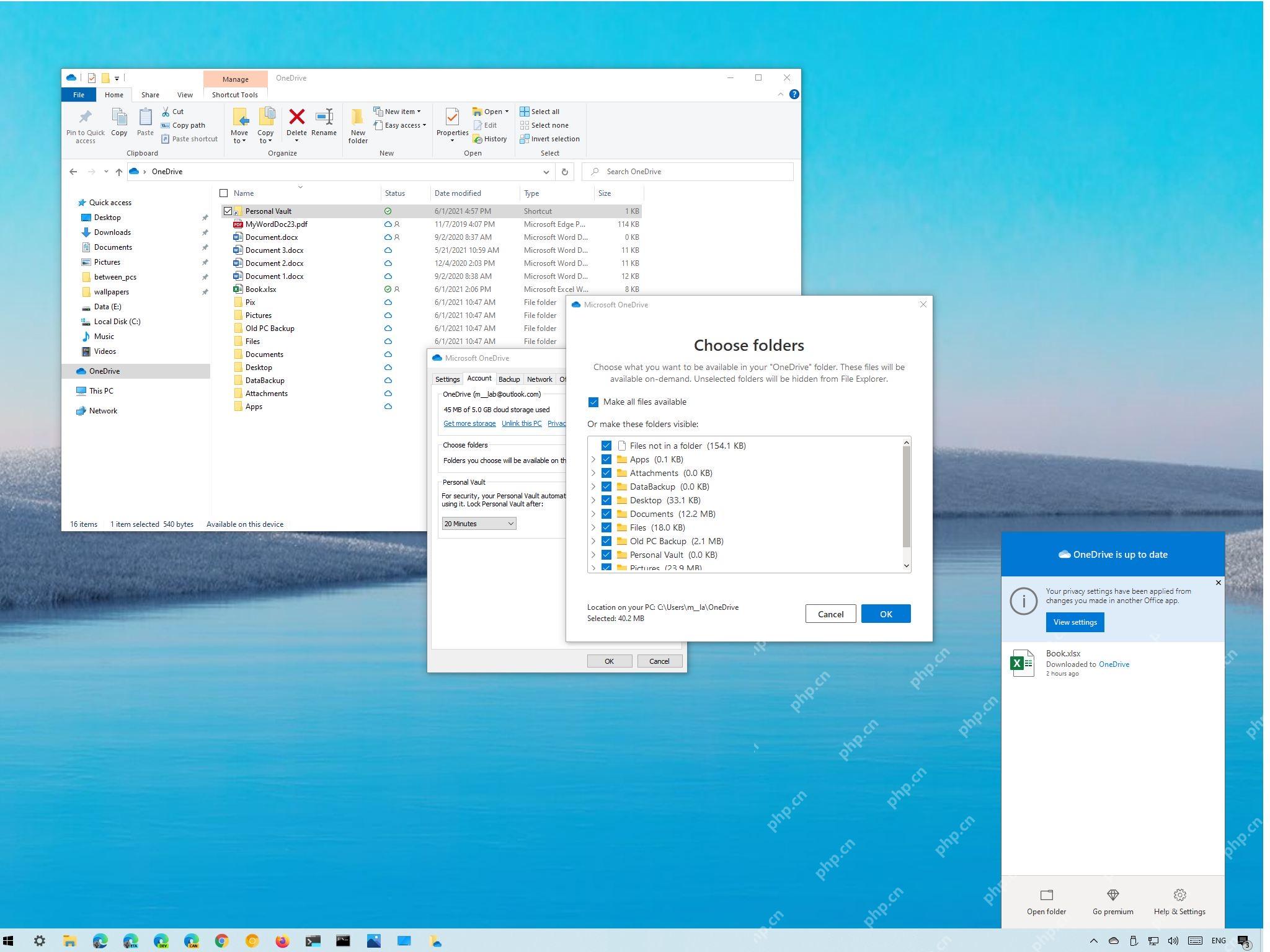 Windows 资源管理器中的 OneDrive 文件夹、Choose folders 窗口和同步状态面板