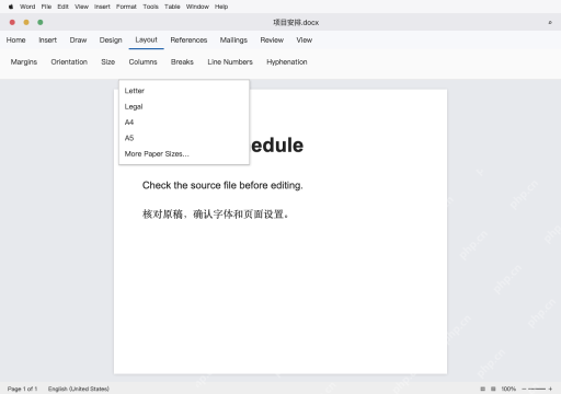 模拟 Microsoft Word for Mac 英文界面完整界面:核对纸张大小和页面参数