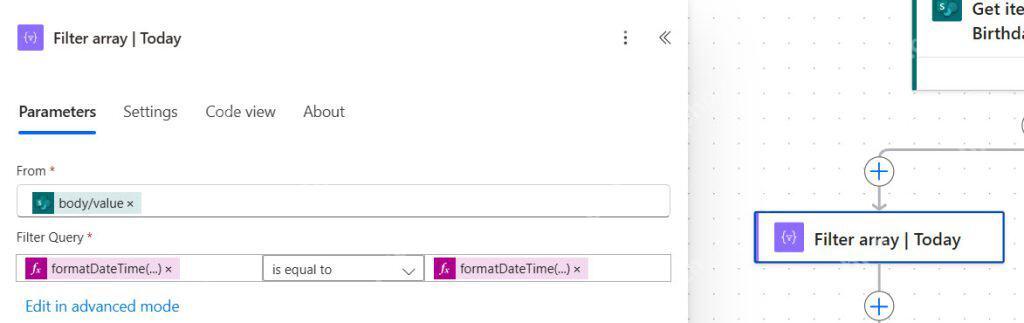 Power Automate Filter array Today 使用 formatDateTime 比较生日和当天日期,服务于筛选当天生日员工步骤
