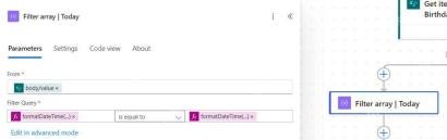 Power Automate Filter array Today 使用 formatDateTime 比较生日和当天日期,服务于筛选当天生日员工步骤