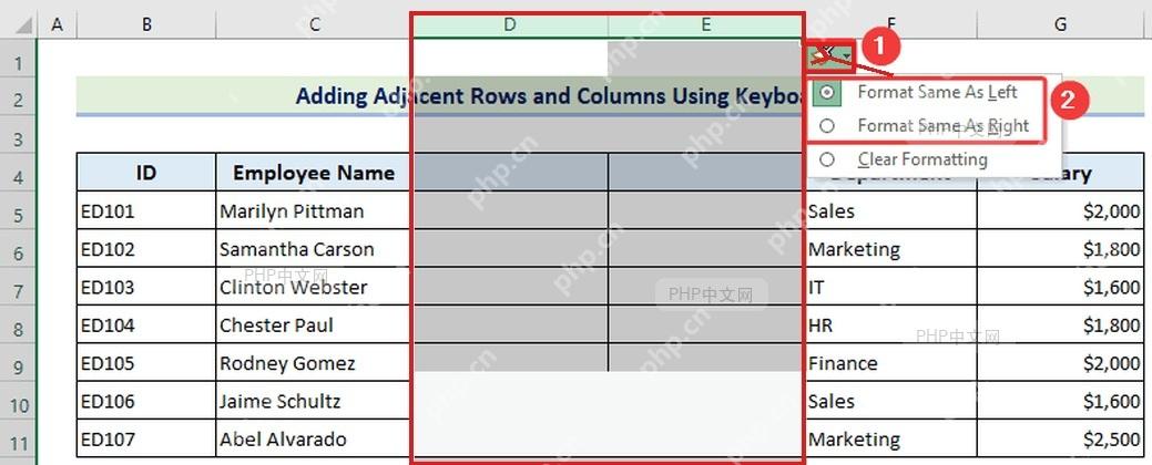 Excel 表格中选中 D 列和 E 列准备插入工作表列