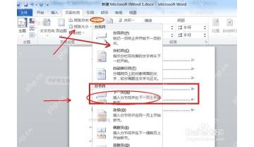 Word 分隔符菜单中标出分节符下一页选项