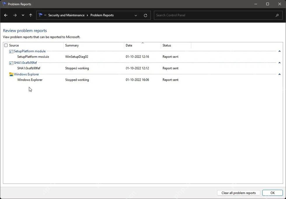 Windows 问题报告列表显示应用停止工作和报告状态