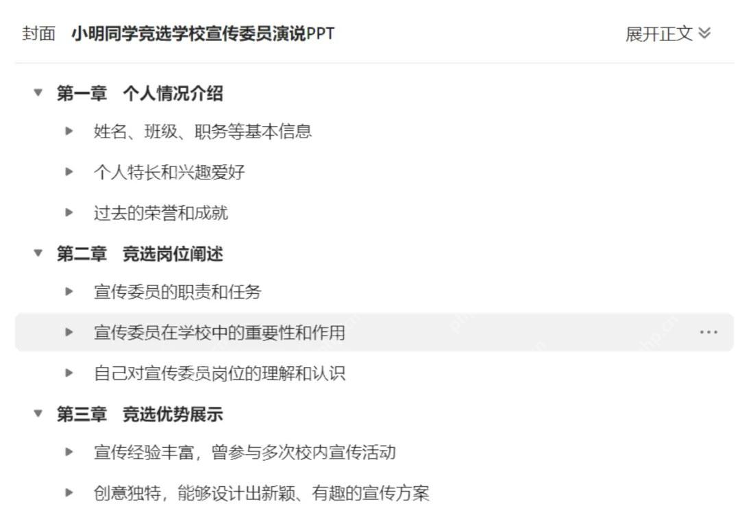 WPS AI 生成 PPT 大纲后的章节结构界面