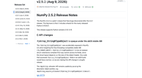 NumPy GitHub Releases 页面展示 2.5.2 支持 Python 3.15.0rc1 wheels