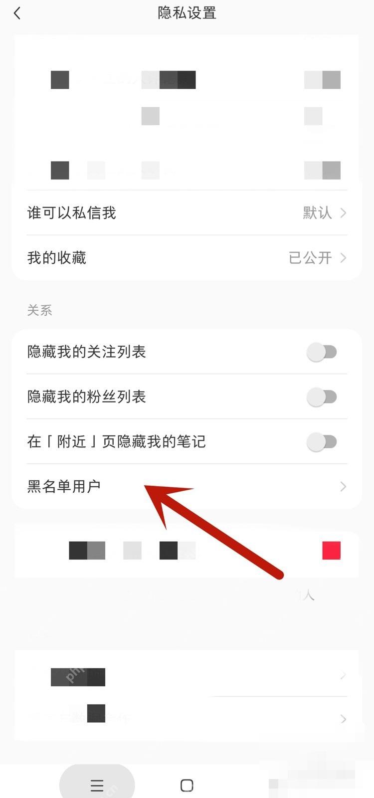 小红书隐私设置中的黑名单用户入口，用于进入解除拉黑列表