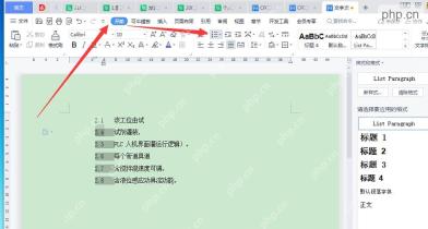 WPS文字顶部开始选项卡和编号工具入口