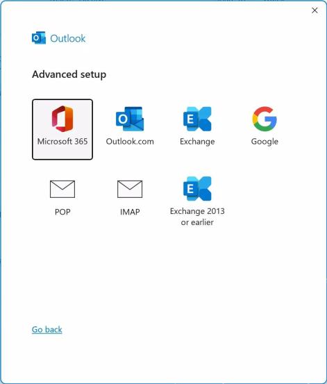 Outlook高级设置中选择Microsoft 365 Outlook Exchange Google POP或IMAP账户类型