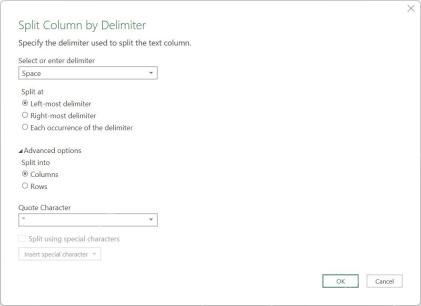 Power Query Desktop 按分隔符拆分列对话框中选择 Space 和最左侧分隔符