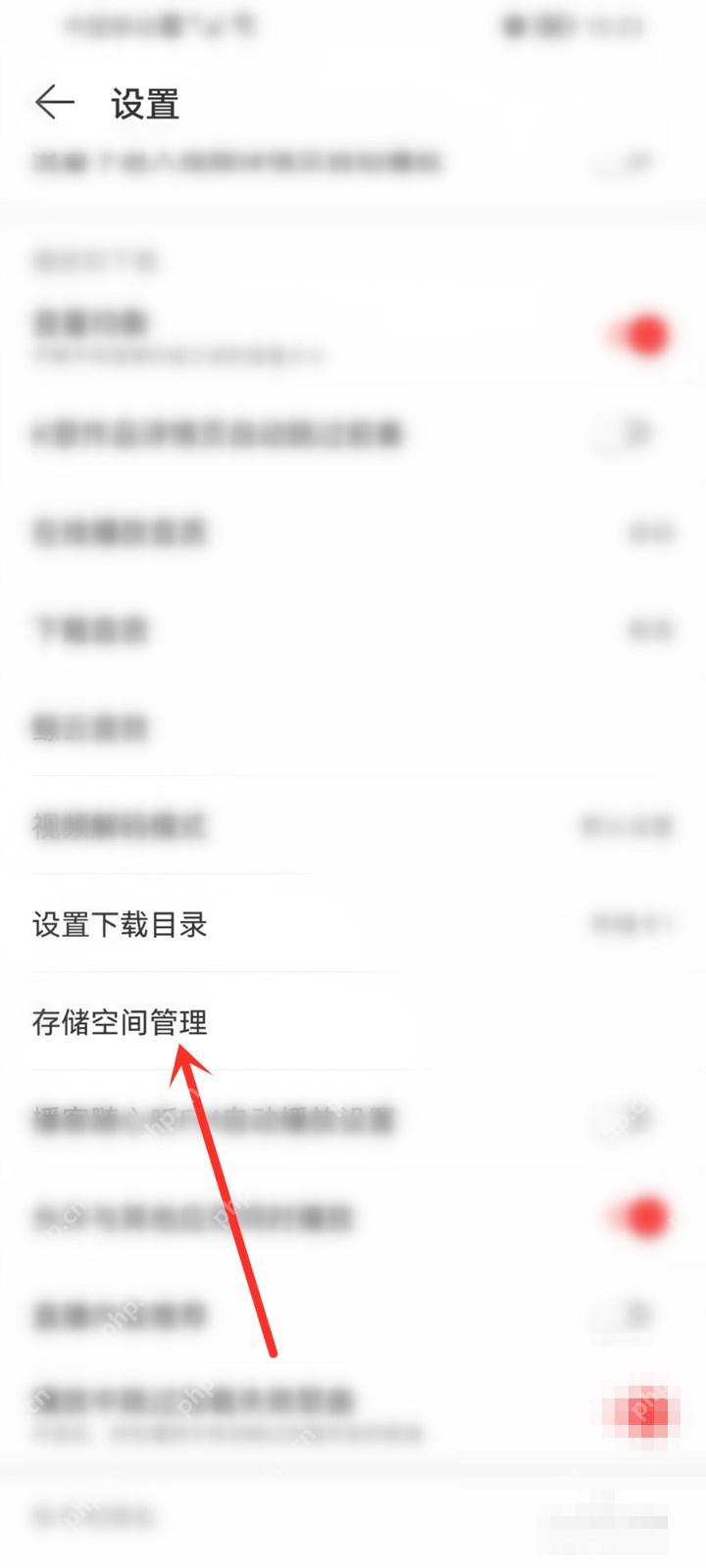 网易云音乐中文手机App设置页面用箭头指向存储空间管理,证明进入空间清理功能的操作