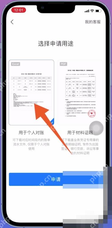支付宝中文界面:用途选项,对应步骤:进入申请页后,先把用途选好。不同用途只是申请场景不同,账单证明还是从这条流程往下走。