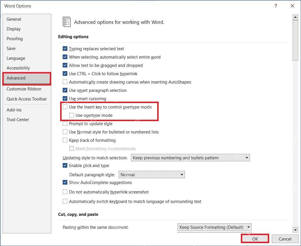 Word Options Advanced 中取消 Use overtype mode 和 Insert 键控制改写模式