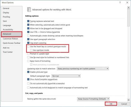Word Options Advanced 中取消 Use overtype mode 和 Insert 键控制改写模式
