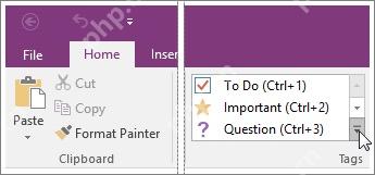OneNote 开始选项卡中展开标签菜单,显示 To Do、Important、Question 等标记入口