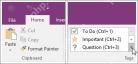 OneNote 开始选项卡中展开标签菜单,显示 To Do、Important、Question 等标记入口