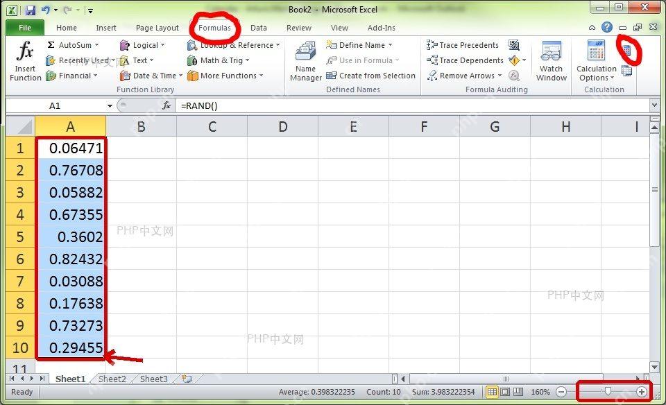 Excel A1 到 A10 区域填充 RAND 公式后生成多行随机小数的步骤图
