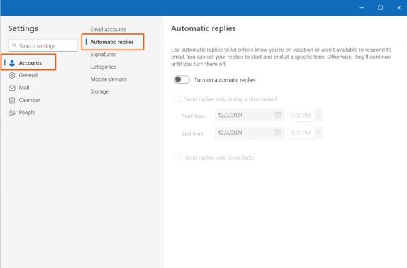 Outlook 设置面板中 Account 下的 Automatic replies 自动回复页面