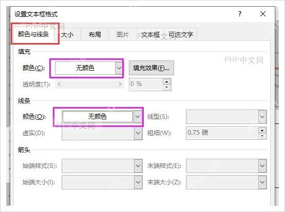 设置文本框格式窗口中填充颜色和线条颜色均为无颜色