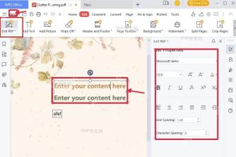 WPS PDF 文本属性面板、选中文字块和保存菜单位置，用于调整格式并保存文件